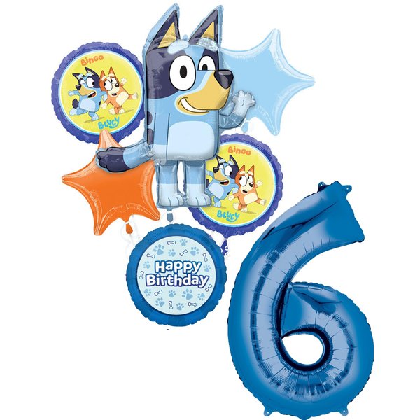Anagram Bluey 6th Birthday Party Supplies Foil Balloon Bouquet Decorations