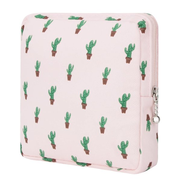 Desing Wish Sanitary Pad Storage Bag Portable Period Bag for Teen Pads/Sanitary Napkins/Small Tampons, Sanitary Napkin Storage Bag First Period Gifts for Teen Girls (Cactus)