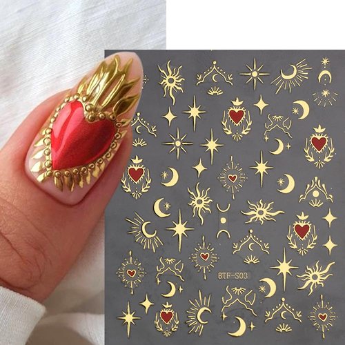 8 Sheets Gold Sun Star Nail Art Stickers Bronzing Moon Nail Decals 3D Self-Adhesive Red Heart Nail Stickers Exquisite Glitter Rose Gold Silver Star Moon Design Women Girls for DIY Nail Decorations