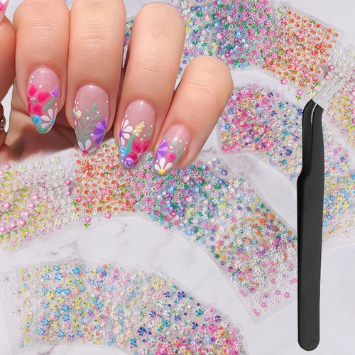 60 Sheets Flower Nail Stickers for Nail Art Spring Nail Decals 3D Self-Adhesive Nail Supplies Charms with Nail Tweezer Summer Colorful Rose Daisy Heart Nail Art Design for Women Nail Decoration