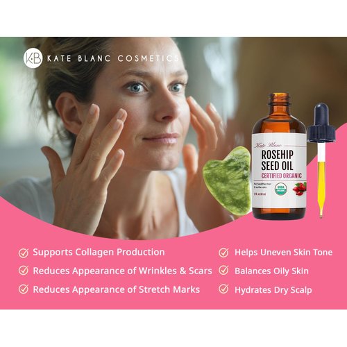 Kate Blanc Cosmetics Rosehip Oil for Face & Skin with Gua Sha Stone Kit (1oz) USDA Organic Rosehip Seed Oil for Gua Sha Massage & Face Oil. 100% Pure & Cold Pressed Rose Hip Oil