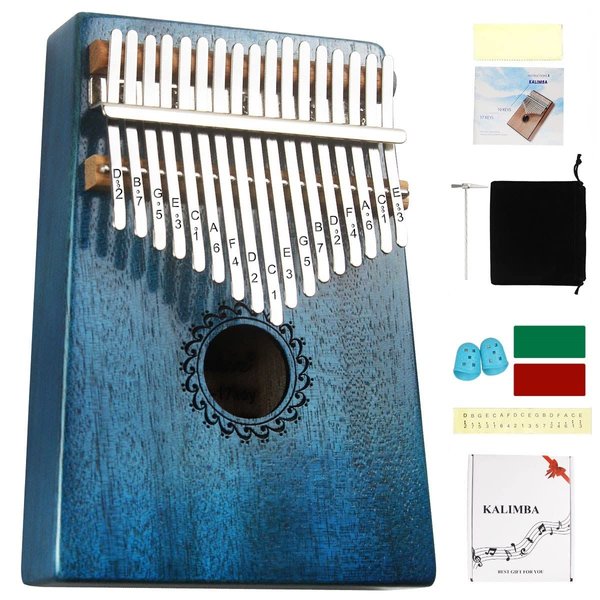 FLSEPAMB Kalimba 17 Key Thumb Piano with Mahogany Wood Portable Mbira Finger Piano Gifts for Kids and Piano Beginners Professional (Blue)