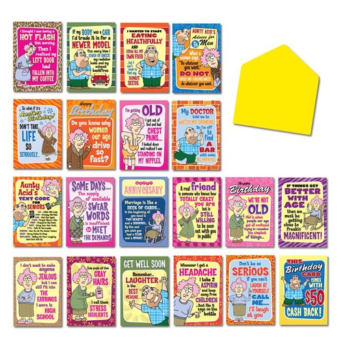 Leanin' Tree, Aunty Acid, Greeting Cards Assortment Box, Assorted Cards with Envelopes All Occasion, Box of Cards (20 Funny Cards, 22 Cute Envelopes)