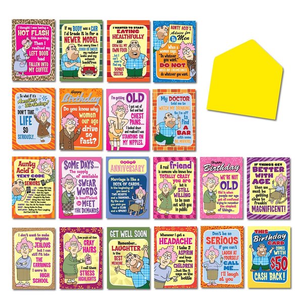 Leanin' Tree, Aunty Acid, Greeting Cards Assortment Box, Assorted Cards with Envelopes All Occasion, Box of Cards (20 Funny Cards, 22 Cute Envelopes)