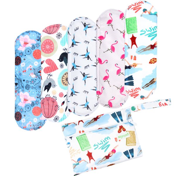 wegreeco Charcoal Reusable Menstrual Pads for Women - Reusable Sanitary Pads | Reusable Panty Liners | Soft Cloth Menstrual Pads - 5 Pack, 1 Cloth Wet Bag(Small, Dynamic)