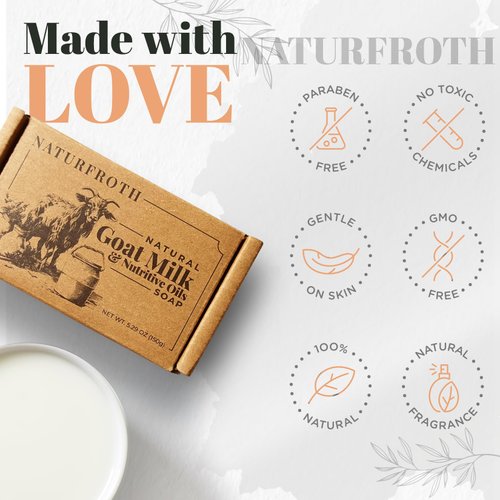 Naturfroth, Natural Goat Milk Soap Bar with Olive Oil and Grapeseed Oil, Body Wash Bar Soap for Women and Men, Moisturizing Body Soap Bars, Home and Travel Soap Bar for Dry Sensitive Skin, 5.29 Oz
