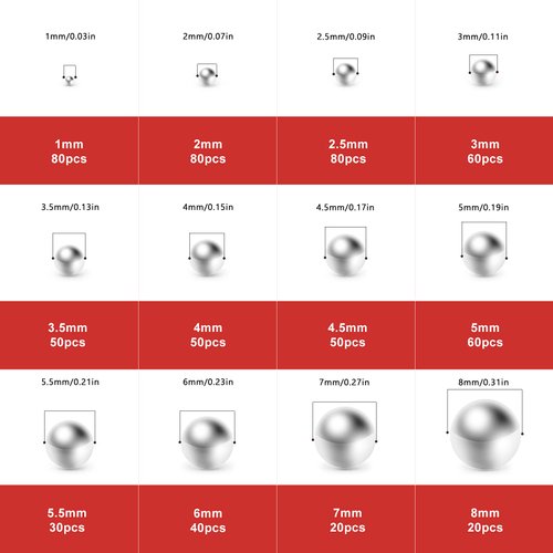 QCQIANG 620Pcs 12 Size Stainless Steel Precision Steel Balls, Metal Balls Mini Ball Bearing Assortment Kit 1mm, 2mm, 2.5mm, 3mm, 3.5mm, 4mm, 4.5mm, 5mm, 5.5mm, 6mm, 7mm, 8mm