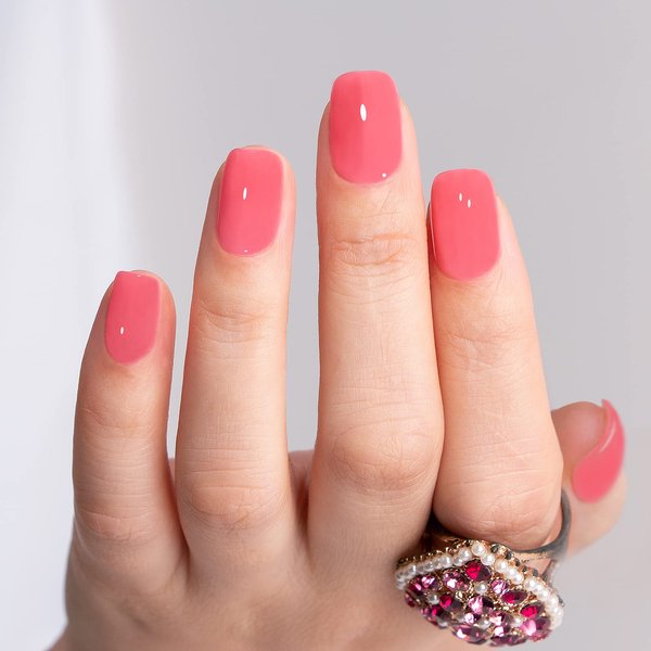 Polychrome&air Press On Nails Short Squoval ABS Natural Fit Fake Nails with Jelly Glue Reusable Manicure Glue On Nails Woman and Girl False Nails UV Cover Gel Glossy Nails 15Sizes 30PCS（Light Red)