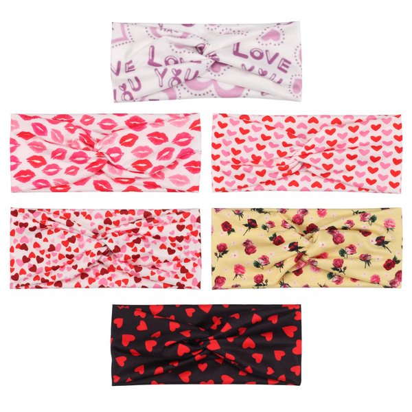 6pcs Valentine's Day Knotted Headbands Set for Women Stretch Romantic Heart Lips Style Turban Wide Elastic Twisted Cross Head Bands