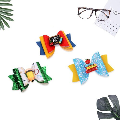 3PCS Back to School Bow Hair Clips Glitter Sequin Pencil Apple Book Blackboard Hair Bow Barrette Grosgrain Ribbon Alligator Hairgrips for First Day of School Kindergarten Students Hair Accessories