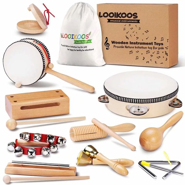 LOOIKOOS Toddler Musical Instruments Montessori Toys for Toddlers 1-3,Natural Wooden Percussion Instruments Set for Kids,Baby Preschool Educational Musical Toys for Ages 5-9
