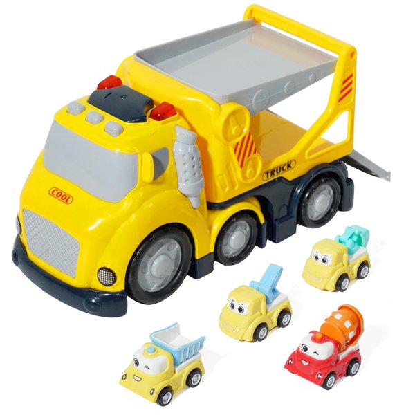 Construction Car Carrier Toys Set for 3 4 5 6 Years Old Toddlers Boys & Girls Gift, 4 Small Cartoon Cute Cars Trucks Crane Mixer Excavator Dump, Sound and Light Big Truck with Slide, 7.6*3.5*4.1 INCH