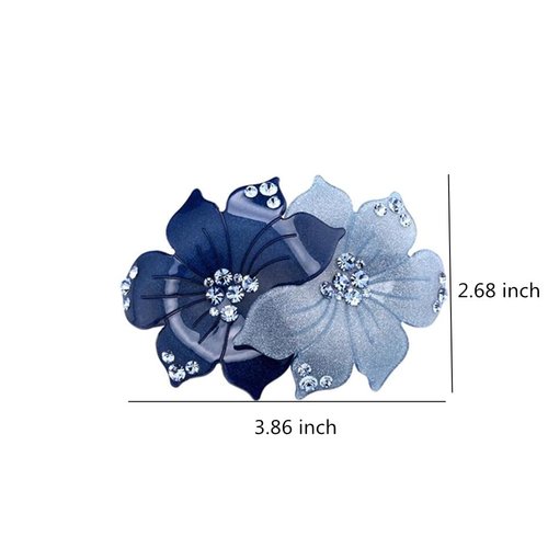 Fashion Rhinestone French Barrette Hair Clip, Two-Tone Floral Flower Hairpin Clip Headdress for Women Ladies Hair Accessories (Blue)