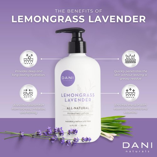 DANI Naturals Hand & Body Lotion - Calming Lemongrass Lavender Scented Moisturizing Lotion for Dry Skin, Deep Hydration Lotion for Women, with Natural & Organic Ingredients, For All Skin Types - 12 Oz