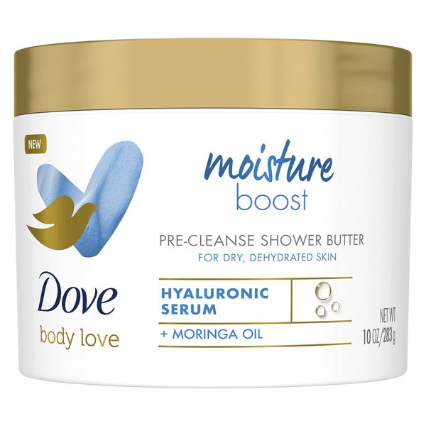 Dove Body Love Shower Cleansing Butter Moisture Boost Cleanser for Dry Skin Silkier than Body Wash with Hyaluronic Acid and Moringa Oil 10 oz