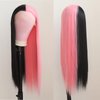BTWTRY Half Pink Half Black Synthetic Lace Front Wigs Cosplay Wig Long Straight Hair for Fashion Women Halloween Party Wigs Heat Resistant Fiber Hair (24 Inch, Half Pink Half Black)