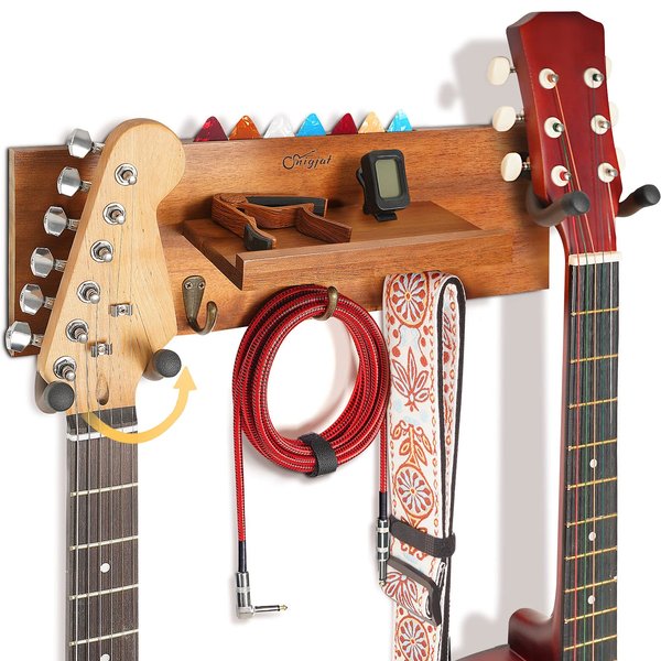 SNIGJAT Guitar Wall Mount with 2 Rotatable Hook, Wood Guitar Hanger with Shelf & Pick Holder, Guitar Wall Stand Rack for Acoustic Electric Bass