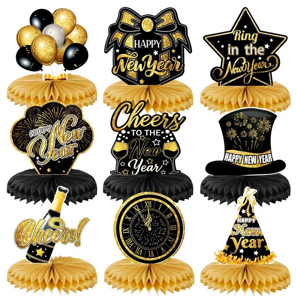 HOWAF 9 Pieces Happy New Year Honeycomb Centerpieces, Happy New Year Decoration, Black Gold Glitter New Year Table Centerpieces for 2025 New Year Eve Party Supplies, Happy New Year Theme Table Toppers