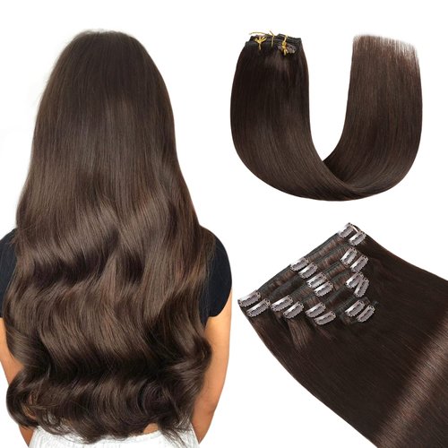 YILITE Clip in Hair Extensions 100% Remy Human Hair 8Pcs 120 Gram Double Weft Straight Real Human Hair Straight Clip in Hair Extensions for Women (20inches #2 Darkest Brown)