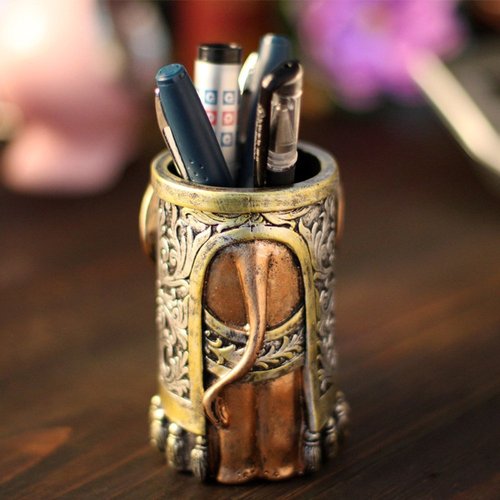 ornerx Resin Pencil Holder 4.5" Desk Organizer Vintage Lucky Elephant Head