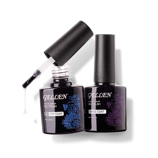 Gellen Gel Top Coat and Base Coat, 2Pcs No Wipe Gel Nail Polish Base and Top Coat, Soak Off Nail Lamp Clear Base Top Coat Long Lasting Finish Nail Art Design Home Gel Manicure Kit