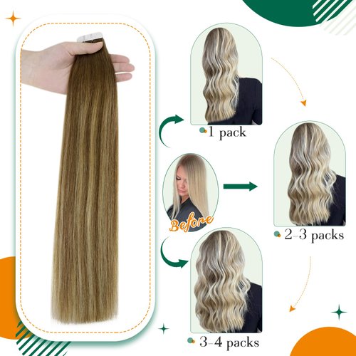 Easyouth 20Inch Tape in Human Hair Extensions Balayage Medium Brown Fading to Caramel Blonde Tape in Remy Hair Extensions Ombre Tape in Extensions Human Hair 50g 20pcs