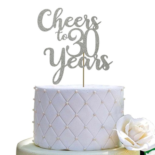 Cheers to 30 Years Cake Topper - 30th Birthday/Anniversary Party Decorations - Double Sided Silver Glitter