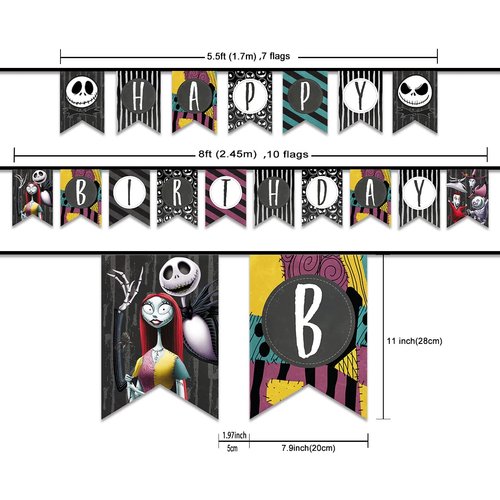 Happy Birthday Banner for Kids and Adults Jack Skellington and Sally Bunting Banner Birthday Party Decorations and Supplies Nightmare Christmas Banner Birthday Banner for Indoor Outdoor Decors