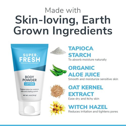 Super Fresh Body Powder Lotion by SweatBlock - Talc Free, Anti-Chafing, Deodorizing, Natural Ingredients - No Mess Body Powder Lotion for Men and Women - 4 fl oz.
