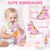 Baby Dino Musical Stuffed Animal Toys for 0-3-6-9-12 Months，Infant Dinosaur Tummy Time Toys with Crinkle Sound Paper，Teether，Textures & Rattles for Newborn Boys Girls Birthday Gifts，Pink