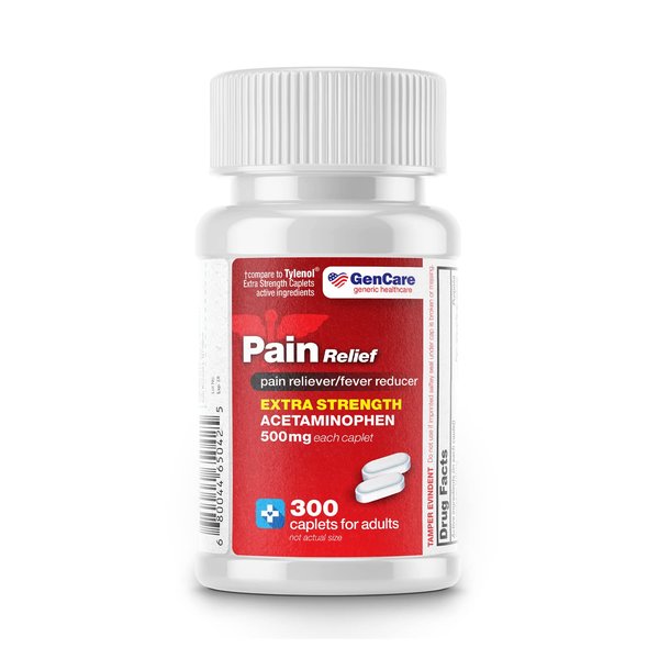 GenCare - Acetaminophen 500mg Extra Strength Pain Relief (300 Caplets) - Multi Symptom Pain Reliever for Headache, Sinus, Arthritis, Back Pain Muscle Ache, Toothache, Fever Reducer, Migraine