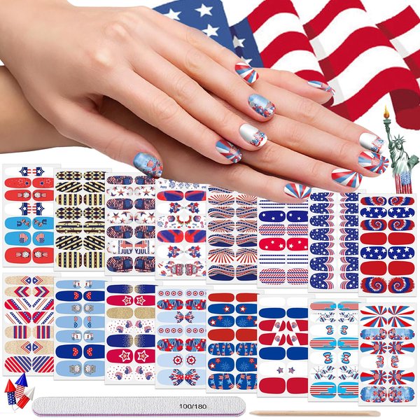 DANNEASY 16 Sheets 4th of July Independence Day Nail Polish Stickers Full Nail Wraps Self Adhesive Nail Polish Strips Gel Fingernail Sticker Nails for Women with Nail File, Cuticle Stick
