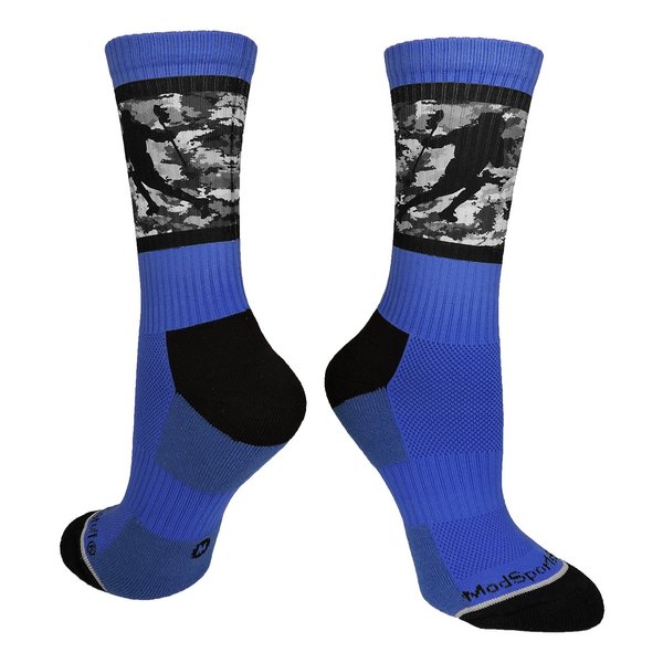 MadSportsStuff Lacrosse Socks with Player on Camo Background Crew Socks (Royal/Black, Medium)