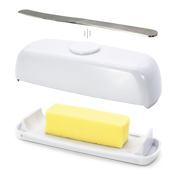 Butter Hub Butter Dish with Lid and Knife, Magnetic Butter Keeper, Easy Scoop, No Mess Lid, Plastic, Dishwasher Safe (White)