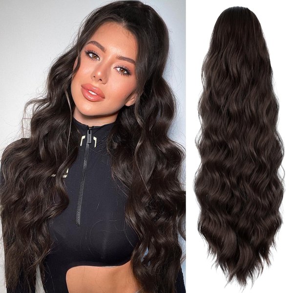 FREEMEIGE Ponytail Extension, 26 Inch Long Wavy Drawstring Ponytail for Women Dark Brown Pony Tail Hair Extension Synthetic Hairpiece for Daily Use