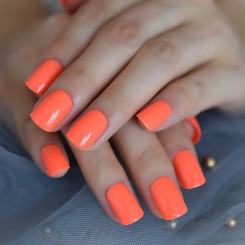 iMABC Neon Orange Summer Press on Nails Gel Full Cover Fake Nails Short Glue False Nails Spring Summer Style for Women Girls Wear 24pcs