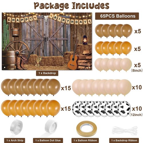 Jumpama Cowboy Birthday Party Decorations Western Birthday Party Supplies, 65Pcs Cowboy Balloons and 1Pcs Western Birthday Backdrop for Cowboy Rodeo Birthday Party Country Western Baby Shower