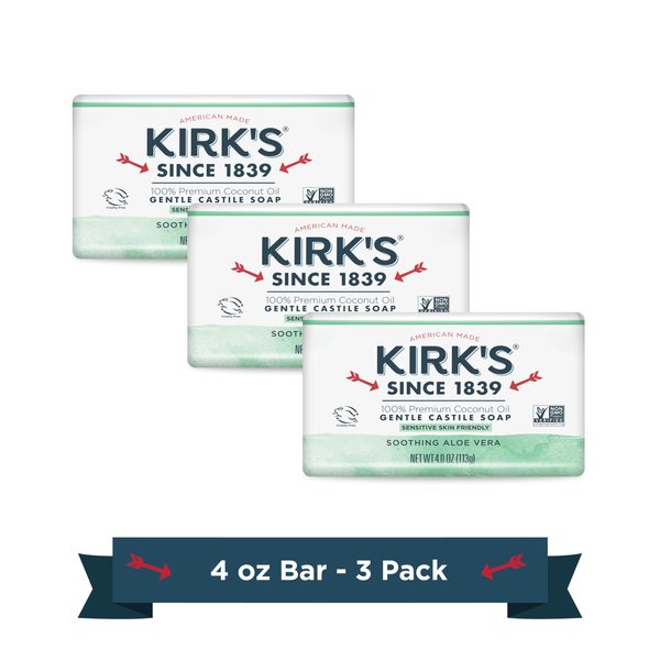 Kirk's Castile Bar Soap Clean Soap for Men, Women & Children | Premium Coconut Oil | Sensitive Skin Formula, Vegan | Soothing Aloe Vera | 4 oz. Bars - 3 Pack