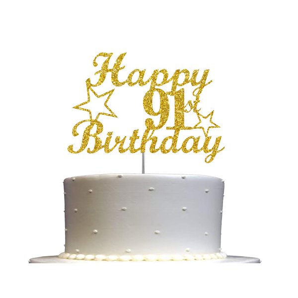 91 Birthday Cake Topper Gold Glitter, Party Decoration Ideas, Premium Quality, Sturdy Doubled Sided Glitter, Acrylic Stick. Made in USA (91st)