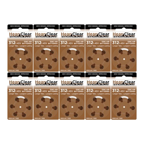 Hear Clear Size 312 PR41 1.45V Zinc Air Hearing Aid Batteries Brown Tab (60 Batteries)