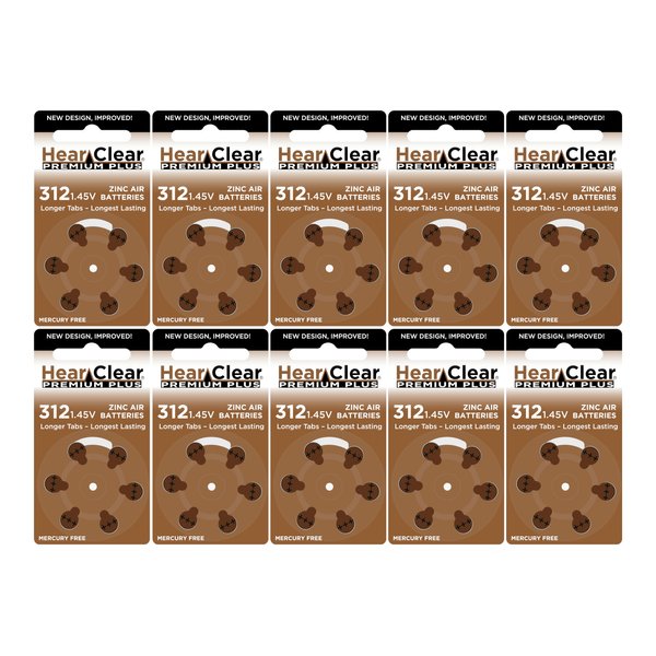 Hear Clear Size 312 PR41 1.45V Zinc Air Hearing Aid Batteries Brown Tab (60 Batteries)