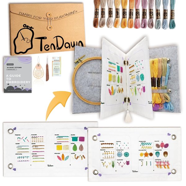 TenDawn Embroidery Kit for Beginner Adults, 24 Basic Stitches, Organized Function, All in One