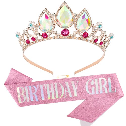 Aprince Birthday Sash and Tiara Birthday Crown Birthday Headband for Women Crystal Tiara Crown for Birthday Halloween Costume Cosplay