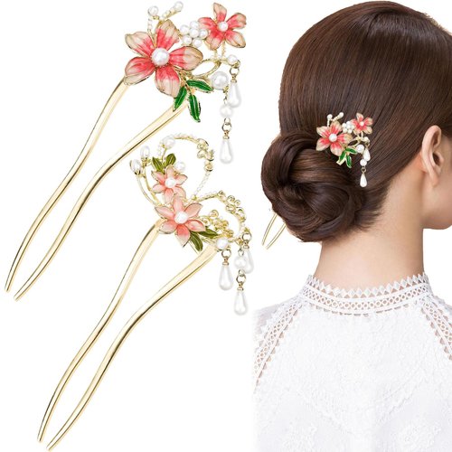 2 PACK Chinese Flower Hair Stick for Buns Women Girl's Hair Stick Metal Hair Accessories Chinese Traditional Hair Sticks for Long Hair Hair Chopsticks for Women Girl Classic Vintage Flower