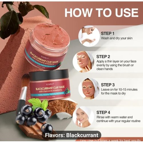 Blackcurrant Clay Mask, Blackhead Detox Clay Mask, Pore Tightening, Acne Control Clay Mask, Nourishing Moisturizing Clay Mask, Natural Healing Clay Mask 5.29 oz