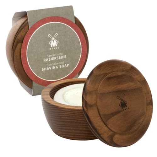 MÜHLE Wooden Bowl with Shaving Soap | Sandalwood | 65 Grams | Shave Soap for Men | Steamed Ash Shaving Bowl | Rich & Light Soap Formula | Nurturing Shave Soap Lather