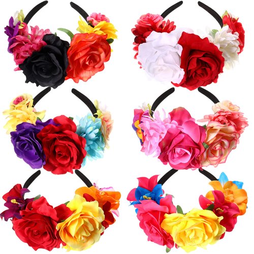 Yunsailing 6 Pcs Mexican Rose Flower Crown Headband Easter Mardi Gras Headpiece Cosplay Headgear for party(Stylish)