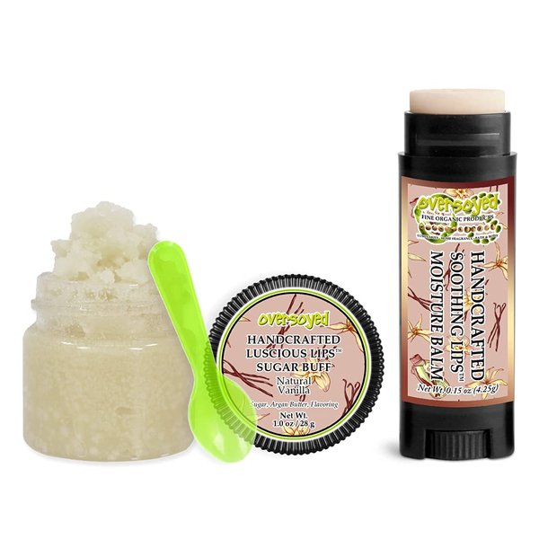 Natural Vanilla Soothing & Luscious Lips by OverSoyed Exfoliator & Chapped Lip Repair Lip Care Combo | Artisan Handcrafted to Order Vanilla Grapefruit Anise Clove Sweet Cream Flavored Exfoliating Sugar Lip Scrub & Lip Moisturizer Balm Gift Set