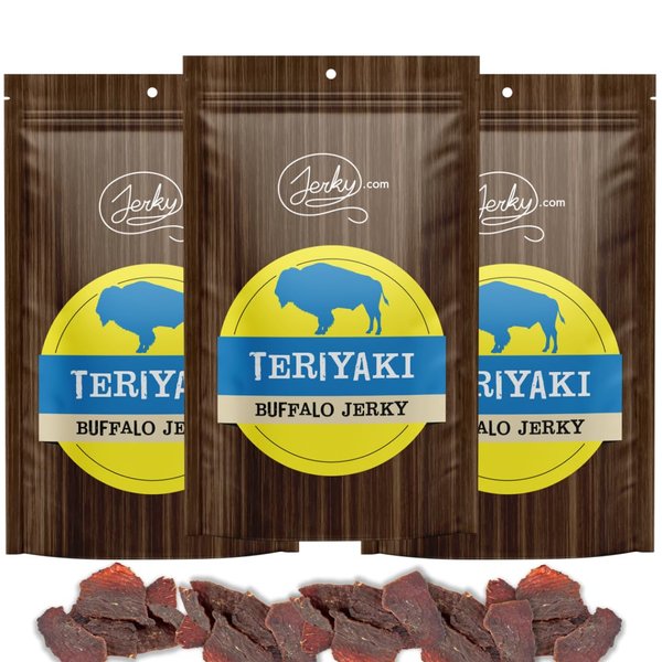 Jerky.com's Teriyaki Buffalo Jerky - 3 PACK - The Best Wild Game Bison Jerky on the Market - 100% Whole Muscle Buffalo - No Added Preservatives, No Added Nitrates and No Added MSG - 5.25 total oz.
