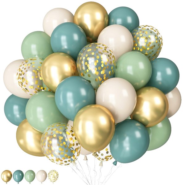 Dusty Blue Sage Green Balloon, 60PCS Pastel Olive Green Slate Blue Beige White Sand Balloon with Metallic Gold Confetti Latex Balloon for Boho Birthday Wedding Baby Bridal Shower Party Decorations